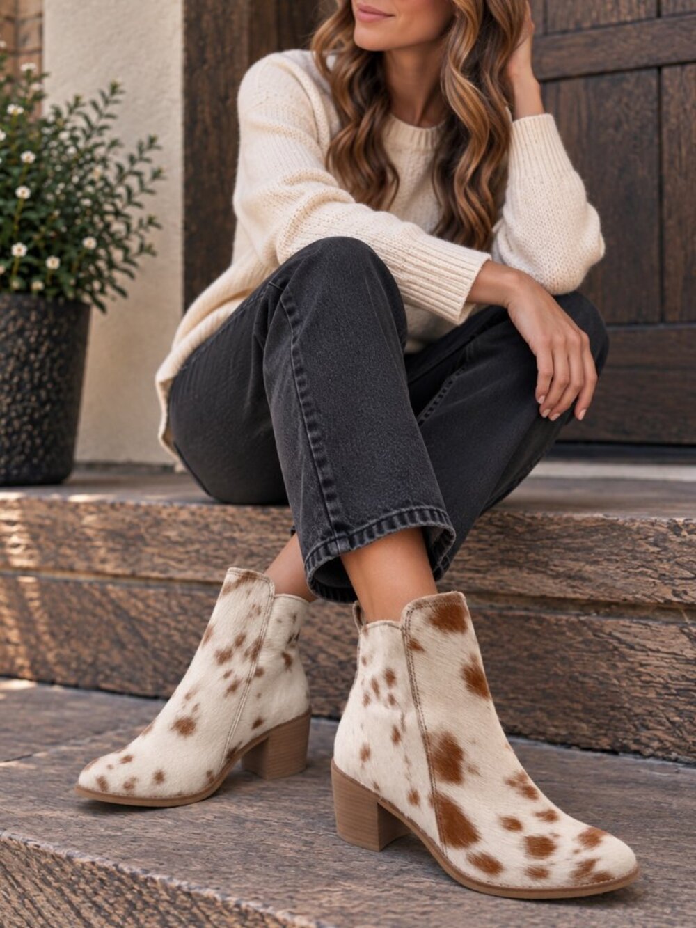 Myra Proton Hair On Cowhide Western Ankle Booties Womens Size 10 Brown White